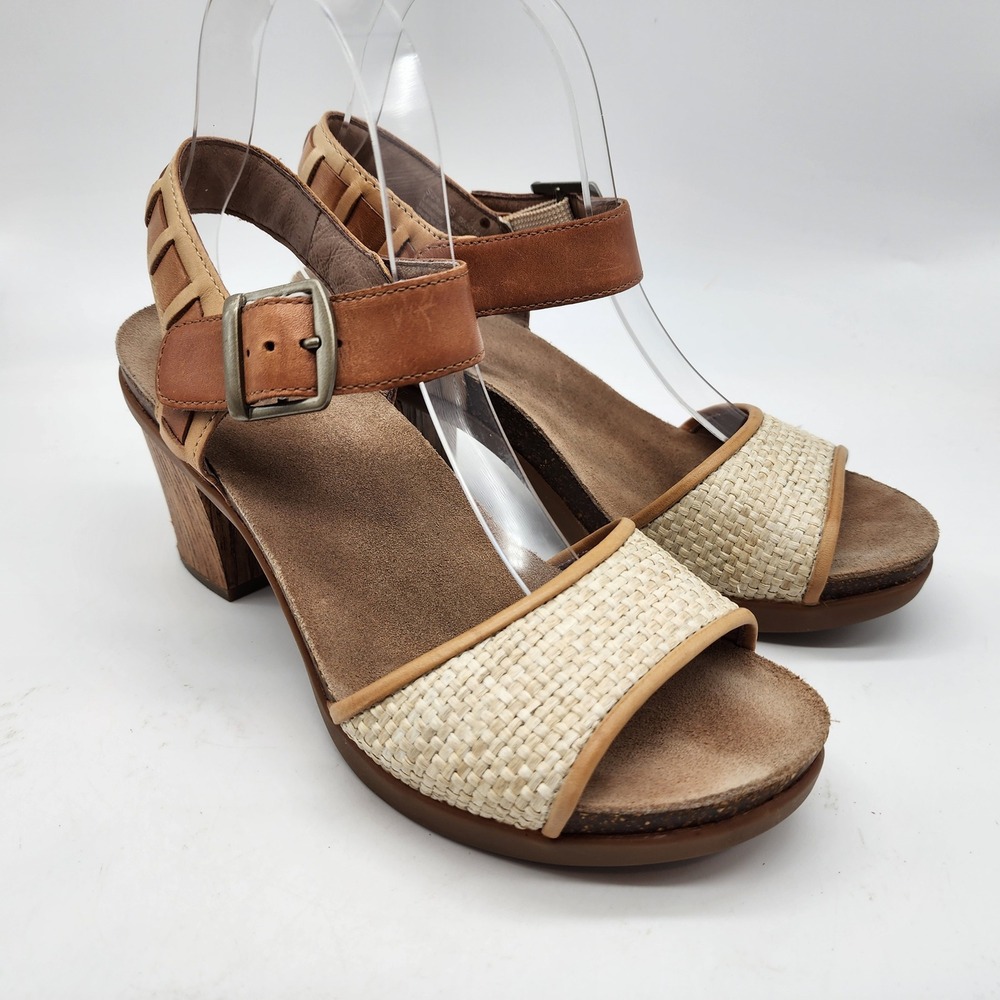 Dansko Debby Sandals EU 38 US 7.5-8 Brown Woven Leather Ankle Strap Block Heels